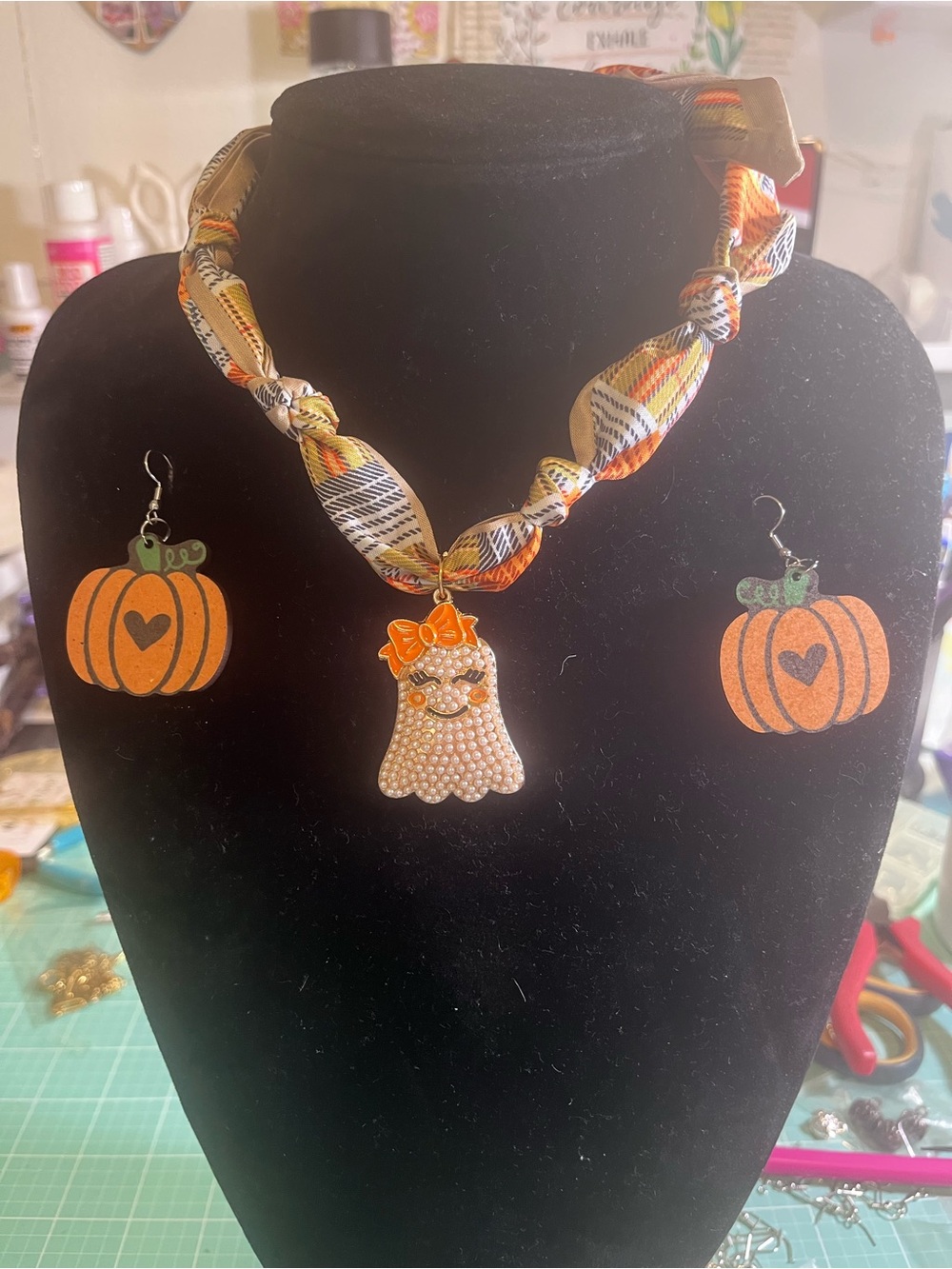 Halloween Pearl Ghost Pendant Necklace with Orange Pumpkin Earrings